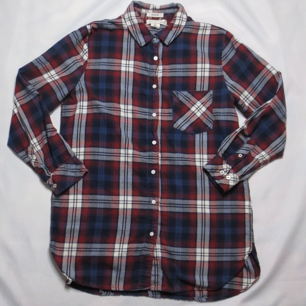 H&M womens FLANNEL shirt NAVY cream BURGUNDY L.O.G.G. plaid SOFT SIZE 8